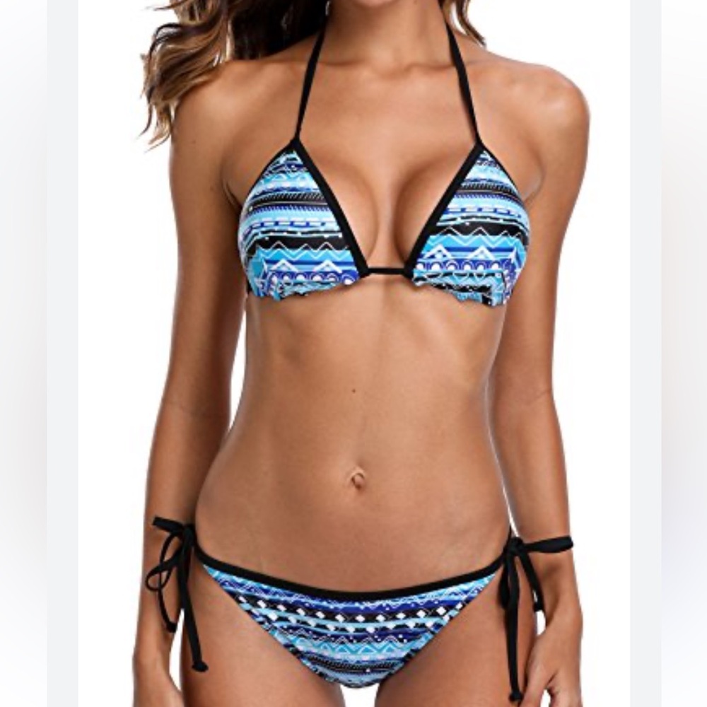 Blue graphic striped push up top women’s side tie Bikini set size M - NWOT